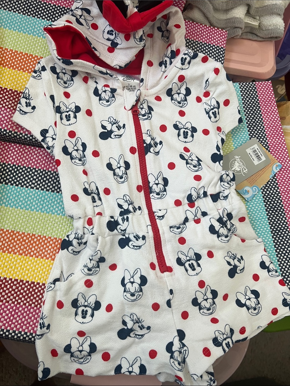 Disney Minnie Mouse White, Red, Navy Hooded Romper